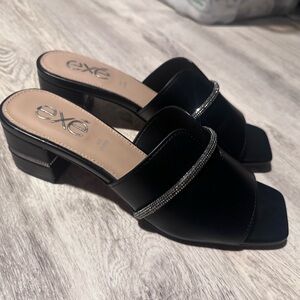 EXE Black Rhinestone-Trim Low Block Heel Mules